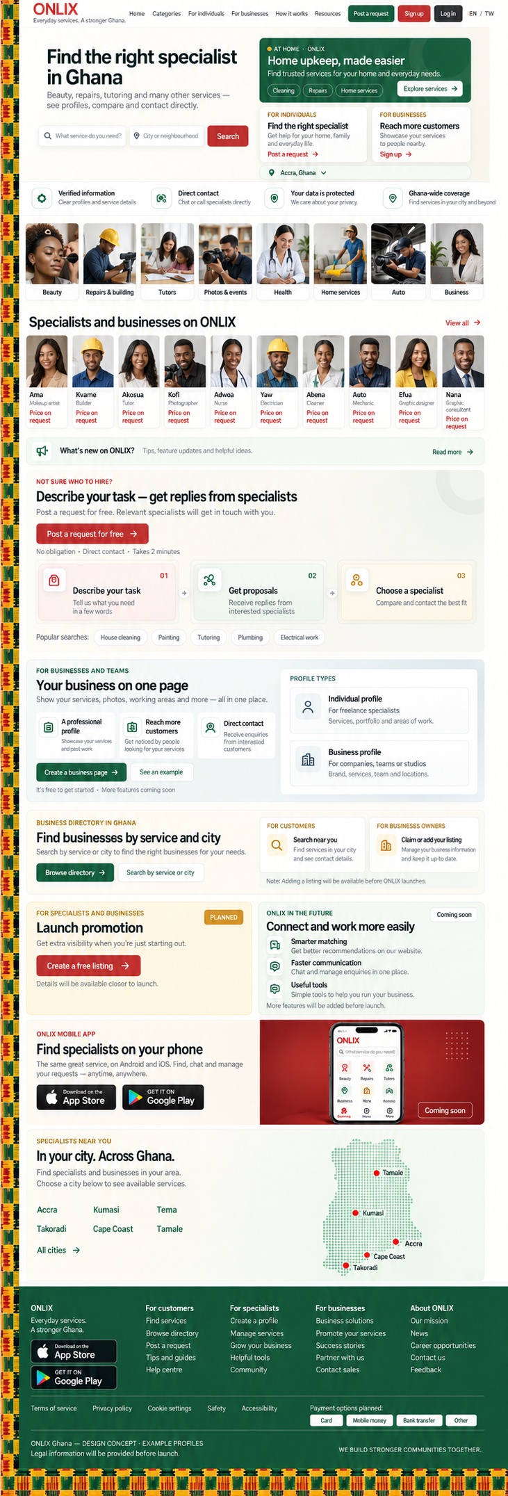 Ghana ONLIX design generation with English copy and green and patterned details