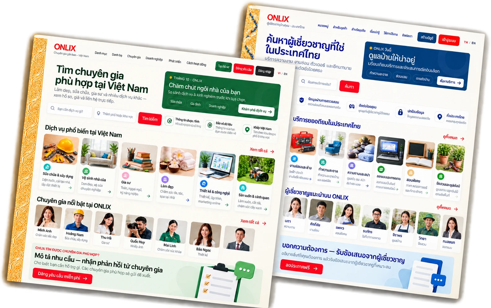 Überlagerte ONLIX-Magazinseiten für Vietnam und Thailand mit unterschiedlichen Dienstleistungen und Fachkräften